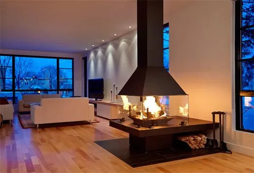 Designer Suspended See-Through Central Fireplace