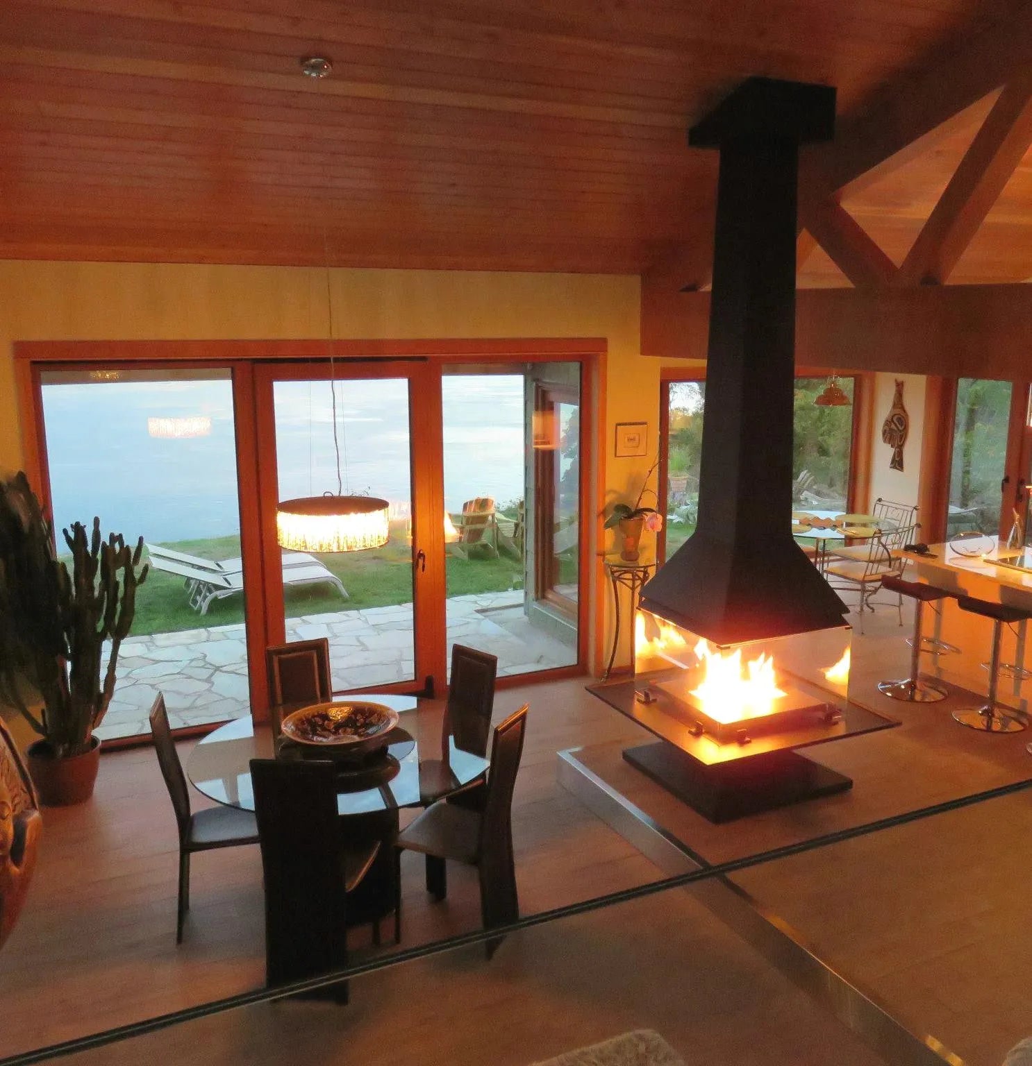 Designer Suspended See-Through Central Fireplace